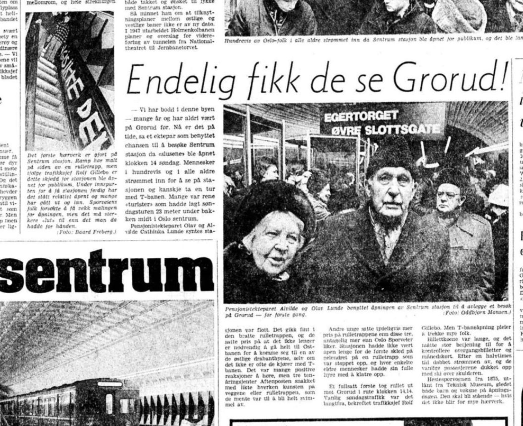 Bilde av en gammel avisartikkel med tittel "Endelig fikk de se Grorud" og bilde av tre mennesker med vinterutstyr som ser mot kamera.