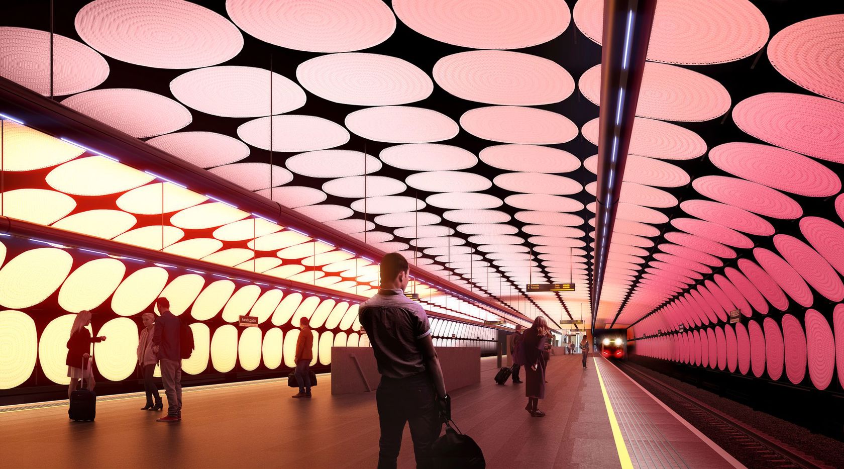 Illustrasjon av en T-banestasjon under bakken med fargerikt tak. 