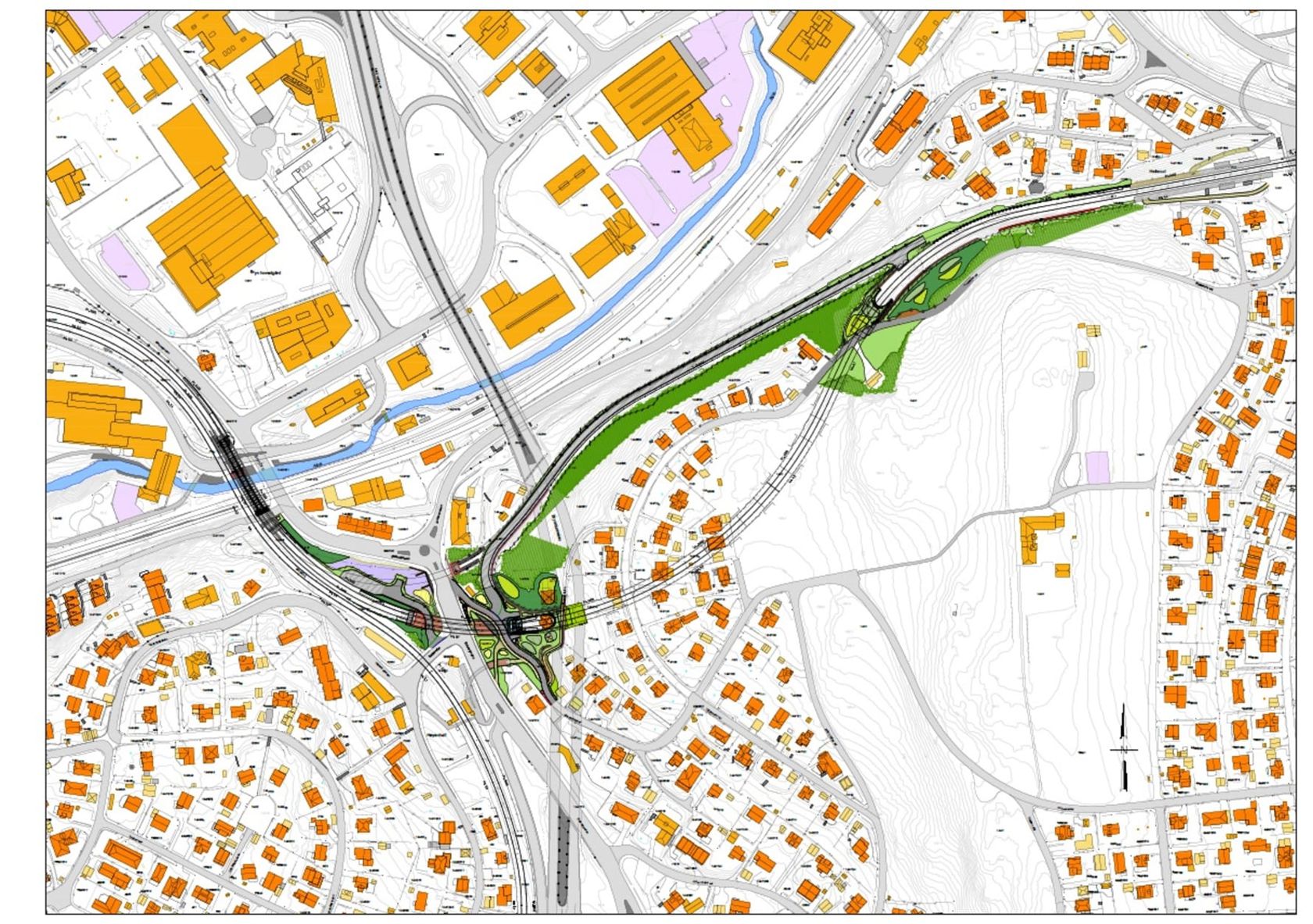 Kartet viser prosjektområdet for Østensjøbane-prosjektet, fra Brynseng i vest til Hellerud i øst.