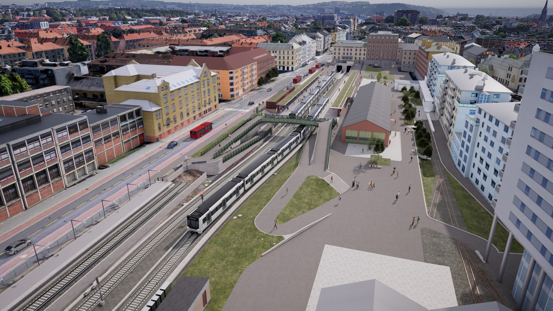 Oppgradert Majorstuen stasjon får flere adkomster, større plattformer og en ny gangbru i vestenden av stasjonen. Alle illustrasjoner: Team Major