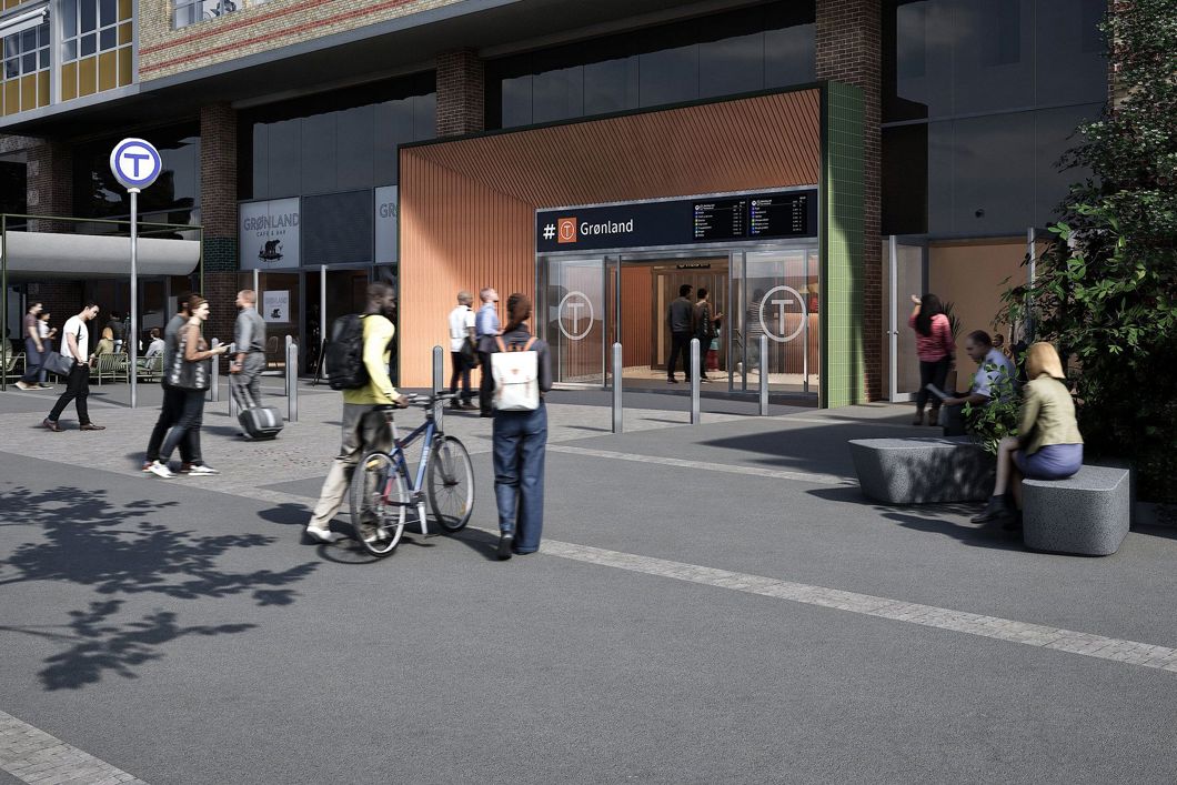 Den nye inngangen vil få direkte adkomst fra gateplan, og bidra til en positiv byutvikling av Olafiagangen og Vaterland-området (Illustrasjon: Sporveien/ SAAHA arkitekter).